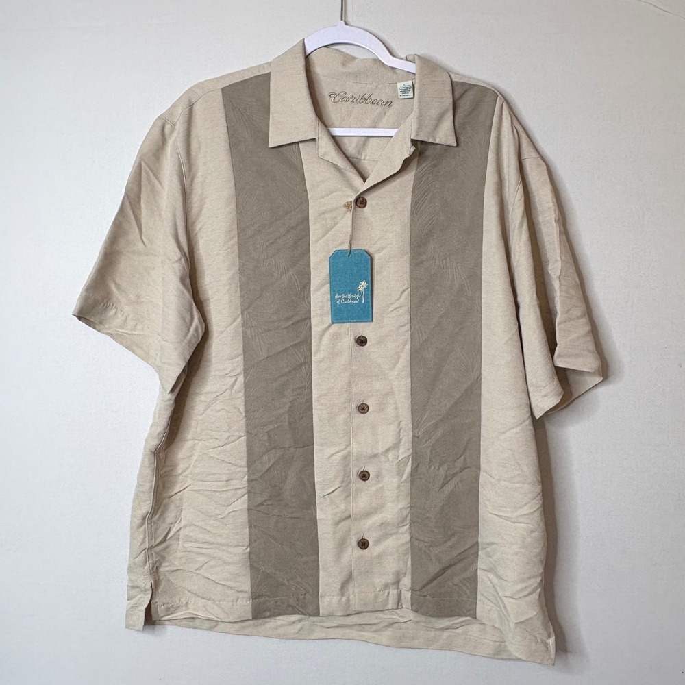 Caribbean Roundtree & Yorke Men L Resortwear Camp Shirt Beige Boho Color Block